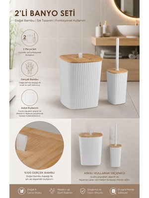 Okyanus Home Safir Yapışkanlı Gerçek Bambu Wc Fırçalık ve Çöp Kovası Seti Beyaz 2'li Banyo Seti
