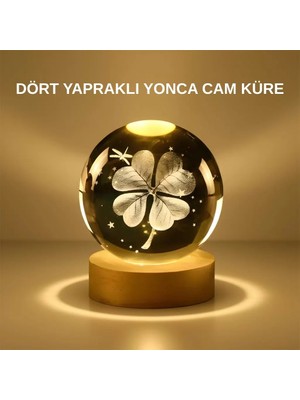 Nemere Ithalat Dekoratif Yonca Görünümlü Işıklı Kristal Cam Küre USB Masa Gece Lambası