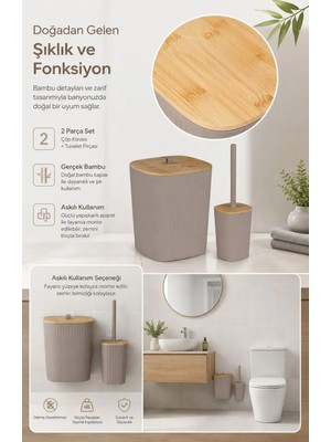 Okyanus Home Safir Yapışkanlı Gerçek Bambu Wc Fırçalık ve Çöp Kovası Seti Vizon 2'li Banyo Seti