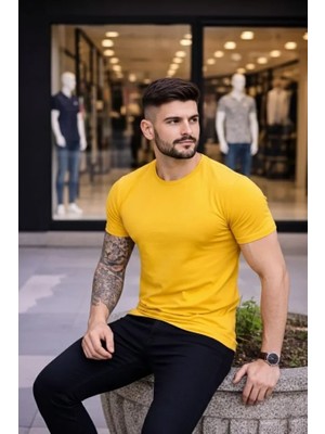 Beruflic Erkek Tshirt Bisiklet Yaka Slim Fit Dar Kesim Likralı Tişört Günlük Basic Body
