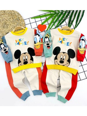 Beruflic 9-12-18-24 Ay Mickey ve Arkadaşları Desenli Uzun Kollu Sweat 2li Kız Erkek Bebek Takımı Mavi