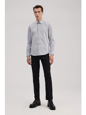 Jakamen Gri Slim Fit İtalyan Yaka Klasik Kravatlık Pamuklu Gömlek