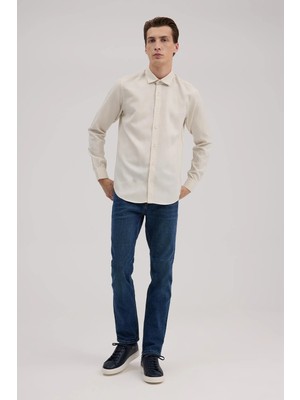 Jakamen Krem Slim Fit Keten Karışımlı Spor Gömlek