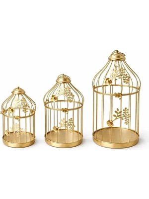 Nemere Ithalat Dekoratif Gold Metal 3'lü Kafes Mumluk Seti