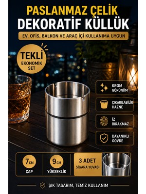 Open City Paslanmaz Çelik Masa Tipi Küllük Dekoratif Krom Küllük Ev Ofis Araç Içi Kullanım 9 cm