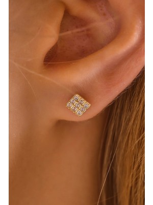 Moom Mücevherat 14 Ayar Altın Vidalı Taşlı Kare Tragus Küpe