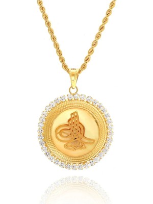 Moom Mücevherat 14 Ayar Altın Taşlı Osmanlı Tuğralı Halat Zincirli Madalyon Kolye 55 Cm