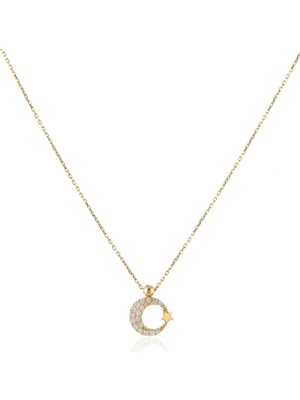 Moom Mücevherat 14 Ayar Altın Taşlı Ay Yıldız Kolye 42 Cm