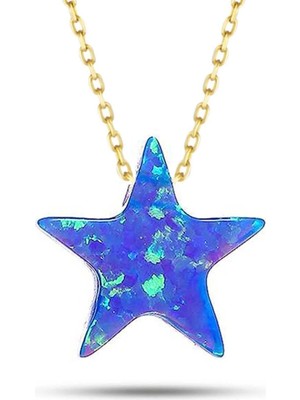 Moom Mücevherat 14 Ayar Altın Mavi Sedef Opal Taşlı Yıldız Kolye 45 Cm