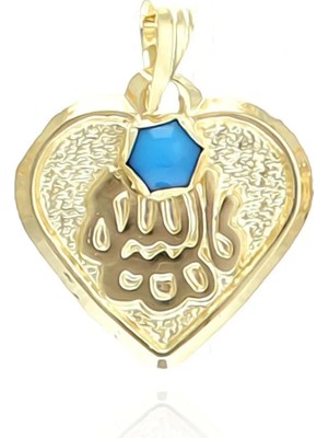 Moom Mücevherat 14 Ayar Altın Kalpli Maşallah Yazılı Mavi Taşlı Kolye Ucu