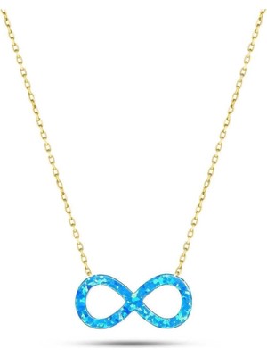 Moom Mücevherat 14 Ayar Altın Mavi Sedef Opal Taşlı Sonsuzluk Kolye 45 Cm