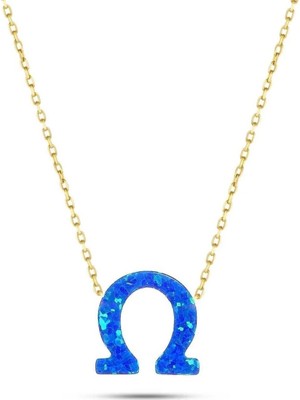Moom Mücevherat 14 Ayar Altın Mavi Sedef Opal Taşlı At Nalı Kolye 45 Cm