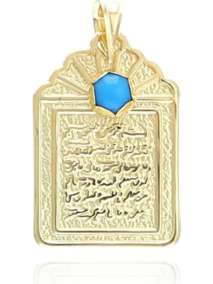 Moom Mücevherat 14 Ayar Altın Vintage Maşallah Yazılı Mavi Taşlı Kolye Ucu