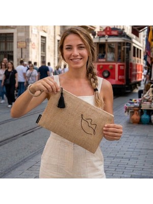 Ju Yaratıcı Tasarım Hasır Kadın Portföy Clutch Çanta Dudak