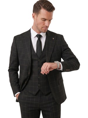 Rizzup Erkek Siyah Slim Fit 3’lü Takım Elbise – Kareli Ekose Desenli Yelekli Şık Takım 2600517