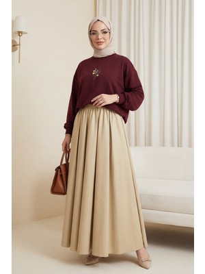 Moda Morfo Önü Çiçek Nakışlı Yuvarlak Yaka Salaş Penye Bluz    -Bordo