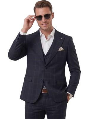 Rizzup Erkek Koyu Lacivert Slim Fit 3’lü Takım Elbise – Kareli Ekose Desenli Yelekli Şık Takım 2600517