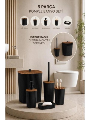 Okyanus Home Yapışkanlı Ahşap Desenli Safir Siyah 5'li Banyo Seti