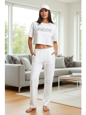 MiraLive Miray- Kadın Beyaz Baskılı Crop T-Shirt Pantolon Takım Rahat Günlük Spor Şık Ikili Set