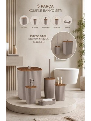 Okyanus Home Yapışkanlı Ahşap Desenli Safir Vizon 5'li Banyo Seti