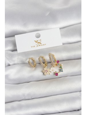 Avensyy Pirinç Gold Renk Çiçek Model 3'lü Kadın Küpe