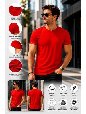 Luxic Core Kırmızı Slim Fit Bisiklet Yaka Erkek Basic Tişört – Günlük Şık ve Rahat Kombin