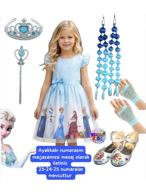 Elsa Anna Frozen Elbise Mavi Elbise Elsa Anna Baskılı Elbise + Mavi Elsa Anna Babble Saç + Taç Asa + Mavi File Eldiven+ Elsa Topuklu Ayakkabı Doğum Günü Parti Düğün Davet Bayram Elbise Kostüm