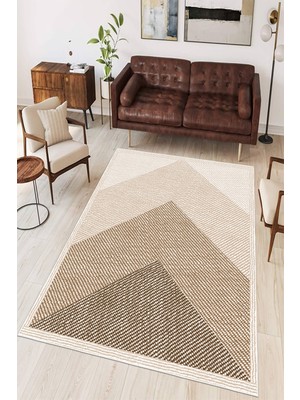 Kahve Geometrik Desenli Baskılı Kaymaz Yıkanabilir Salon Oturma Odası Mutfak Antre Halısı Yolluk