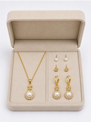 twingold Modern Tasarım Detaylı Gold Renk 4'lü Kolye Küpe Seti
