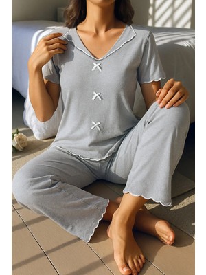 Kadın Bella Notte Gri Fiyonk Detaylı Pamuklu Pijama Takımı Rahat ve Şık Tasarım