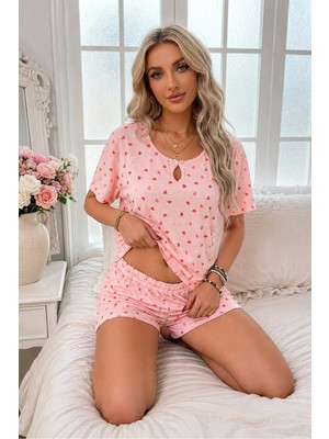 Bella Notte Beyaz Kısa Kollu Kalp Desenli Şortlu Pijama Takımı