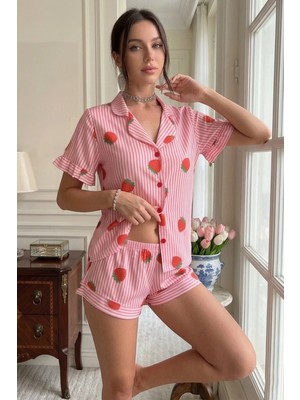 Bella Notte Çilek Desenli Çizgili Kısa Kollu Viskon Pijama Takımı