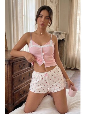 Bella Notte Pembe Dantel Detaylı Kurdeleli Askılı Şortlu Pijama Takımı