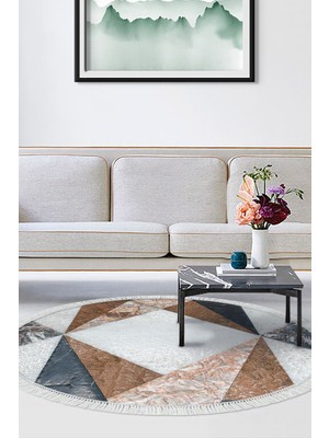 Alanur Home Kaymaz Dijital Mutfak & Salon Halı Trend Saçaklı Yuvarlak Geometrik E5028