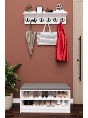 Lüks Puflu Ayakkabılık ve Askılık %100 MDF 2 Raflı Portmanto Seti A34