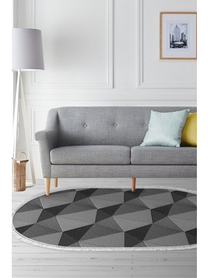 Alanur Home Kaymaz Dijital Mutfak & Salon Halı Trend Saçaklı Oval Geometrik E5030