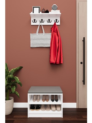 Lüks Puflu Ayakkabılık ve Askılık %100 MDF 2 Raflı Portmanto Seti A33