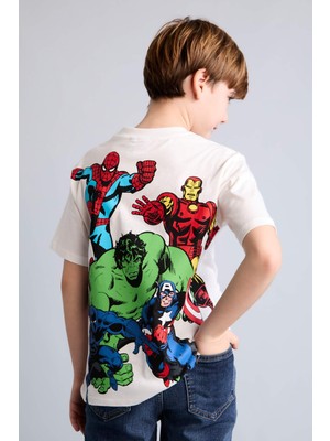 DeFacto Marvel Comics Sırt Baskılı New Regular Fit Bisiklet Yaka Kısa Kollu Ekru Tişört Erkek Çocuk H8253A826HS