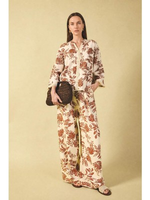 DeFacto Wide Leg Floral Desenli Cepli Geniş Paça Keten Karışımlı Pantolon F9266AX26SM