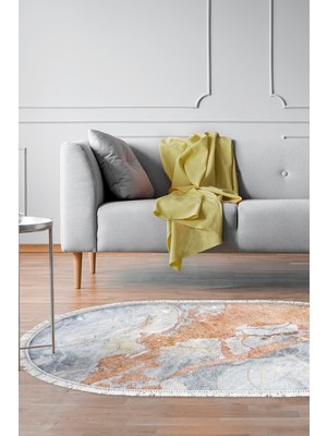 Alanur Home Kaymaz Dijital Mutfak & Salon Halı Trend Saçaklı Oval Mermer E5034