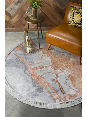 Alanur Home Kaymaz Dijital Mutfak & Salon Halı Trend Saçaklı Yuvarlak Mermer E5034