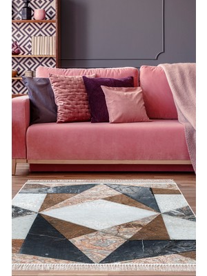 Alanur Home Kaymaz Dijital Mutfak & Salon Halı Star Pamuk Saçaklı Geometrik E5028