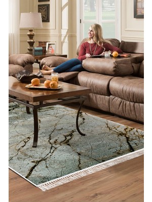 Alanur Home Kaymaz Dijital Mutfak & Salon Halı Yıldız Deri Saçaklı Mermer E5031