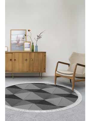 Alanur Home Kaymaz Dijital Mutfak & Salon Halı Star Pamuk Saçaklı Yuvarlak Geometrik E5030