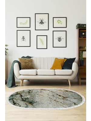 Alanur Home Kaymaz Dijital Mutfak & Salon Halı Yıldız Deri Saçaklı Oval Mermer E5031