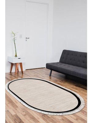 Alanur Home Kaymaz Taban Djt Banyo Mutfak Salon Halı Trend Saçaklı Oval Dokuma Desen E5007