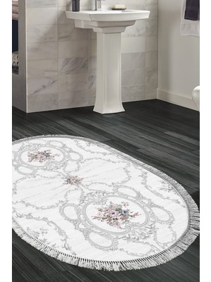 Dekoreko Kaymaz Taban Djt Banyo Halısı Star Pamuk Saçaklı Oval Modern 1494