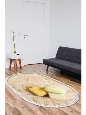Alanur Home Kaymaz Dijital Mutfak & Salon Halı Trend Saçaklı Oval Mermer E5033
