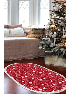 Alanur Home Yılbaşına Özel Keçe Dijital Yıkanabilir Oval Halı CHR3M