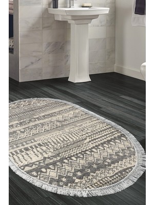 Dekoreko Kaymaz Taban Djt Banyo Halısı Trend Saçaklı Oval Iskandinav F5080
